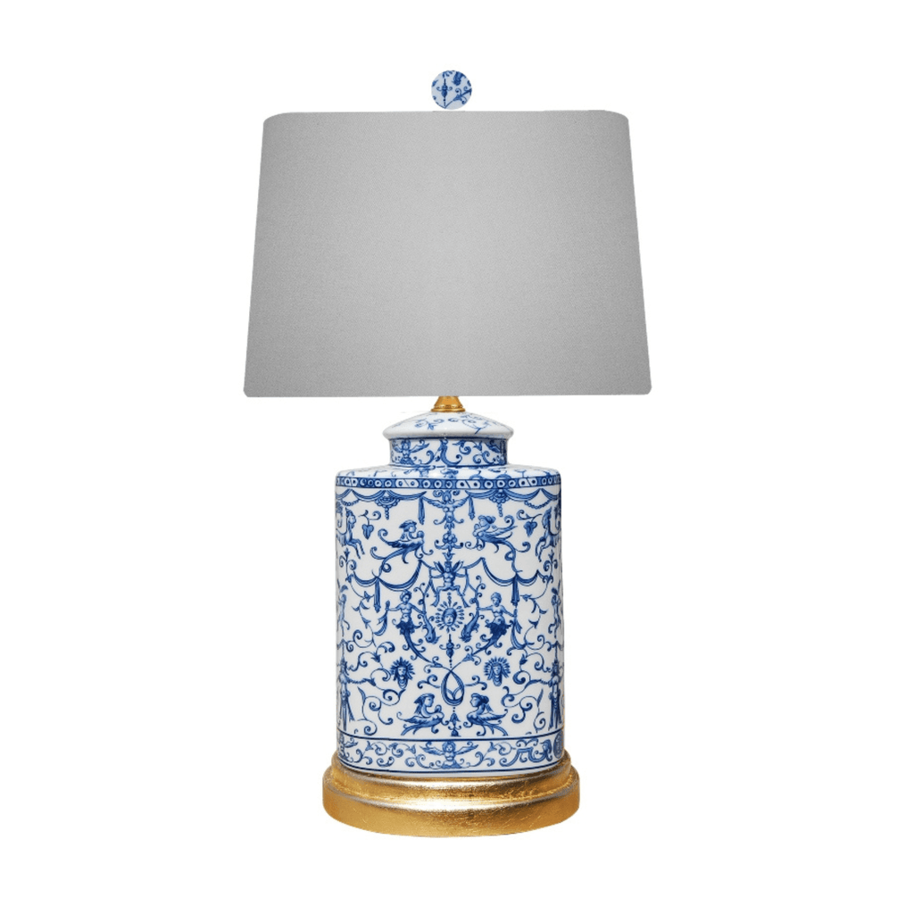 Blue & White Porcelain Euro Oval Urn Lamp With Gold Leaf Base - Table Lamps - The Well Appointed House