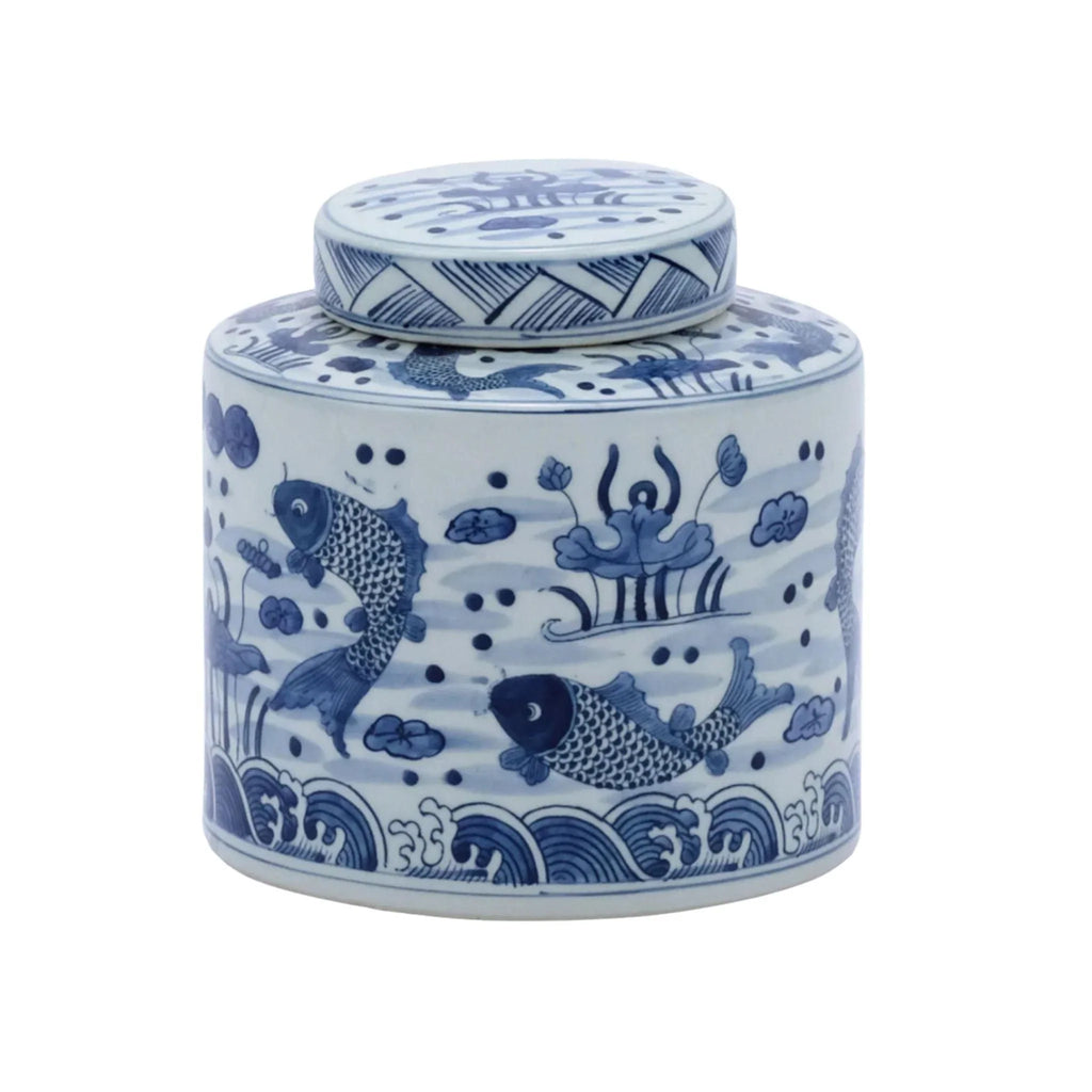 Blue and White Porcelain Fish Cylinder Tea Jar - Vases & Jars - The Well Appointed House