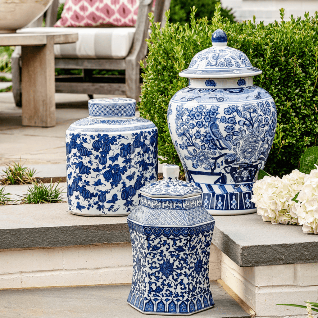 Blue and White Porcelain Floral Covered Urn - Vases & Jars - The Well Appointed House