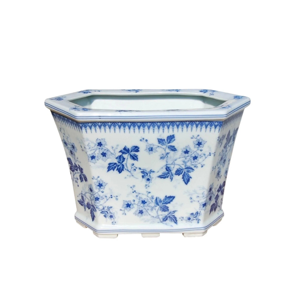 Blue and White Porcelain Floral Hexagon Cachepot - Indoor Cachepots - The Well Appointed House