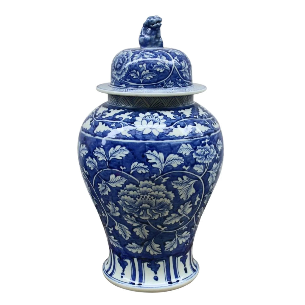 Blue and White Porcelain Ginger Jar with Peony Design and Lion Lid - Vases & Jars - The Well Appointed House