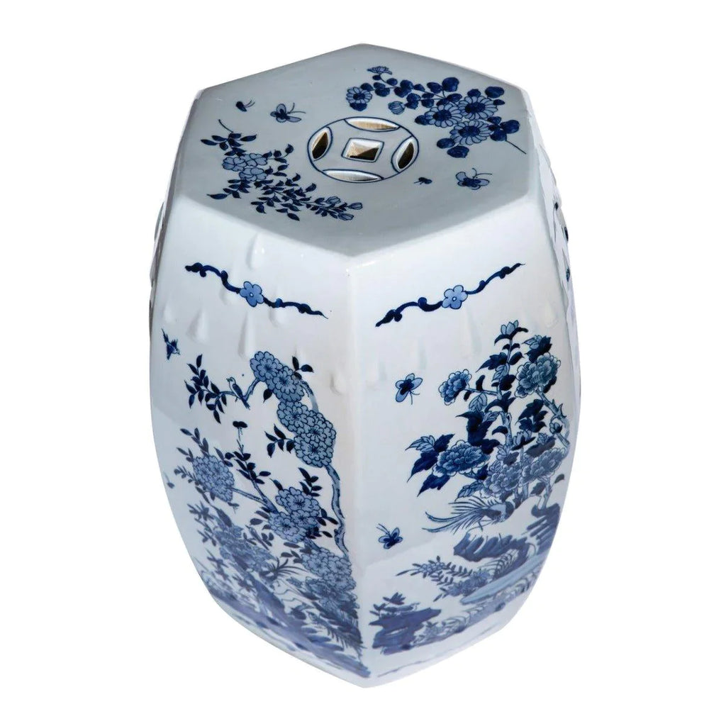 Blue and White Porcelain Hexagonal Floral Bird Garden Stool - Garden Stools & Benches - The Well Appointed House