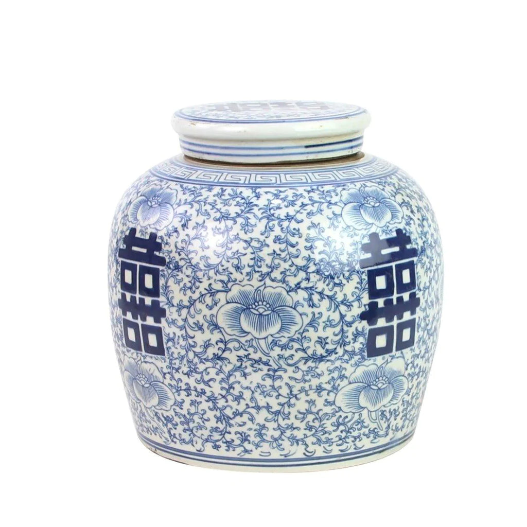 Blue And White Porcelain Ming Double Happiness Jar - Vases & Jars - The Well Appointed House