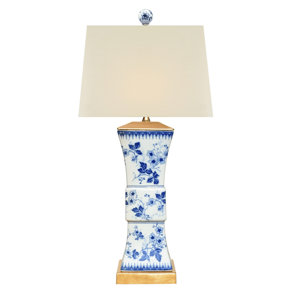 Blue & White Porcelain Square Vase Lamp With Gold Leaf Base - Table Lamps - The Well Appointed House
