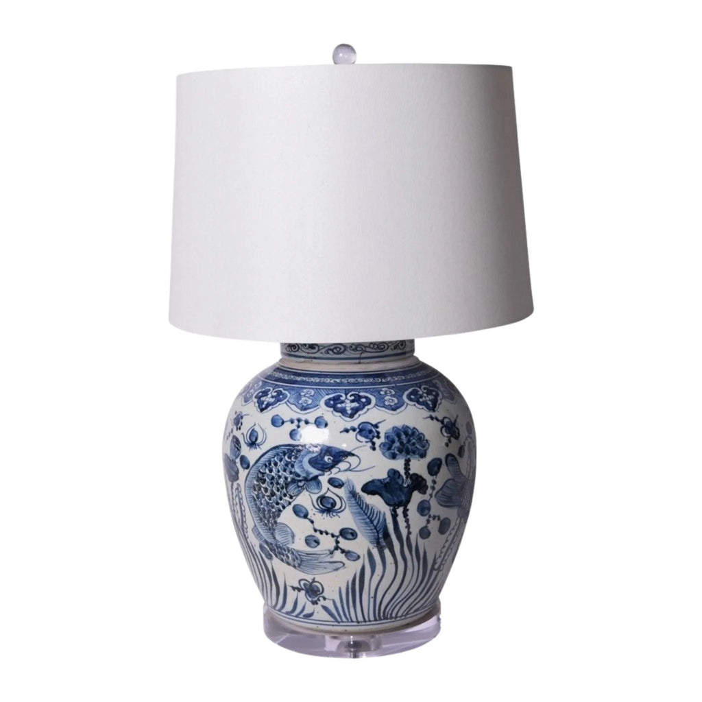 Blue and White Porcelain Table Lamp With Ancestor Fish Design - Table Lamps - The Well Appointed House