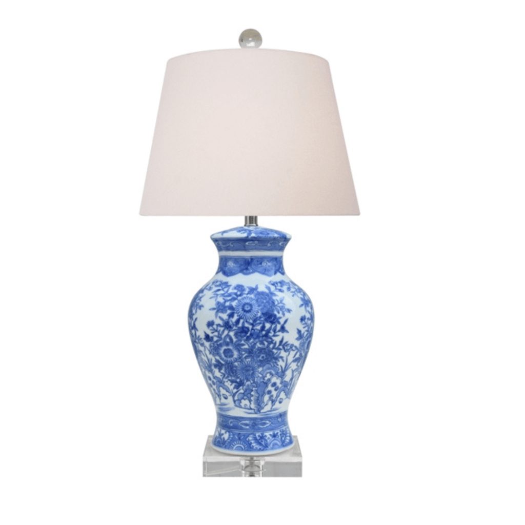 Blue & White Porcelain Vase Lamp With Crystal Base - Table Lamps - The Well Appointed House