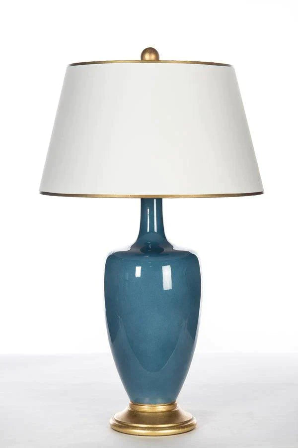 Blue Ceramic Table Lamp with White Linen Shade & Gold Trim - Table Lamps - The Well Appointed House