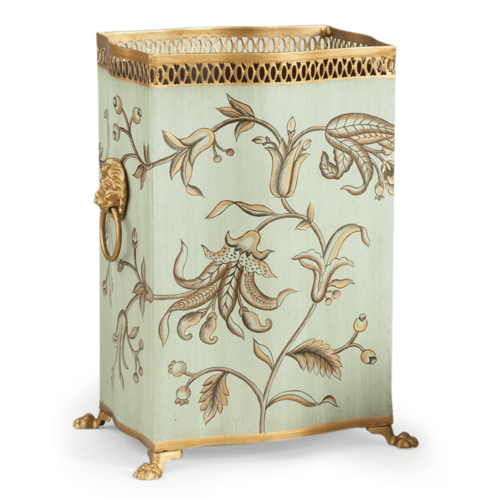 Blue Floral Handpainted Tole Wastebasket - Wastebasket - The Well Appointed House