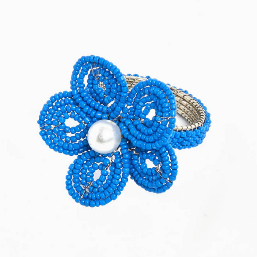 Set of 4 Blue Floral Beaded Napkin Rings - The Well Appointed House