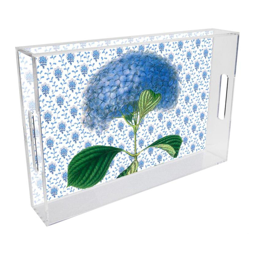 Blue Hydrangea on Provencial Print Lucite Tray - Available in Multiple Sizes - Decorative Trays - The Well Appointed House