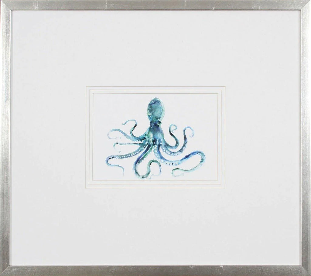 Blue Octopus Lithograph Wall Art in Silver Frame - Paintings - The Well Appointed House