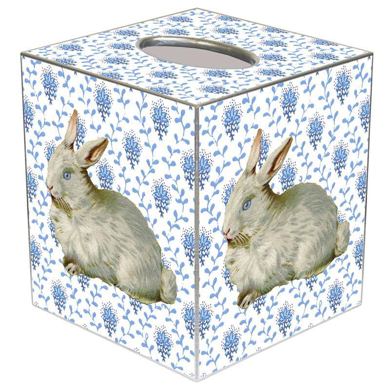 Blue Provincial Print with Bunny Decoupage Wastebasket and Optional Tissue Box Cover - Wastebasket Sets - The Well Appointed House