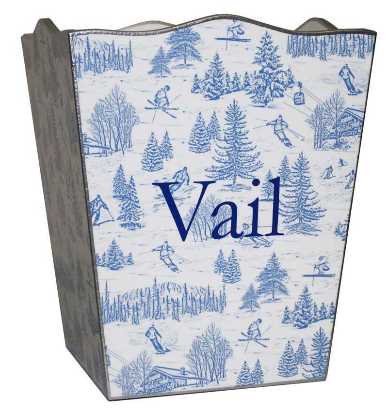 Blue Ski Toile Decoupage Wastebasket and Optional Tissue Box - Wastebasket Sets - The Well Appointed House