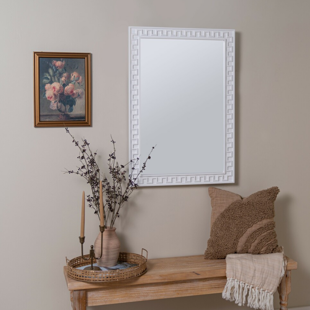 Rectangular Glossy White Greek Key Motif Wall Mirror - The Well Appointed House