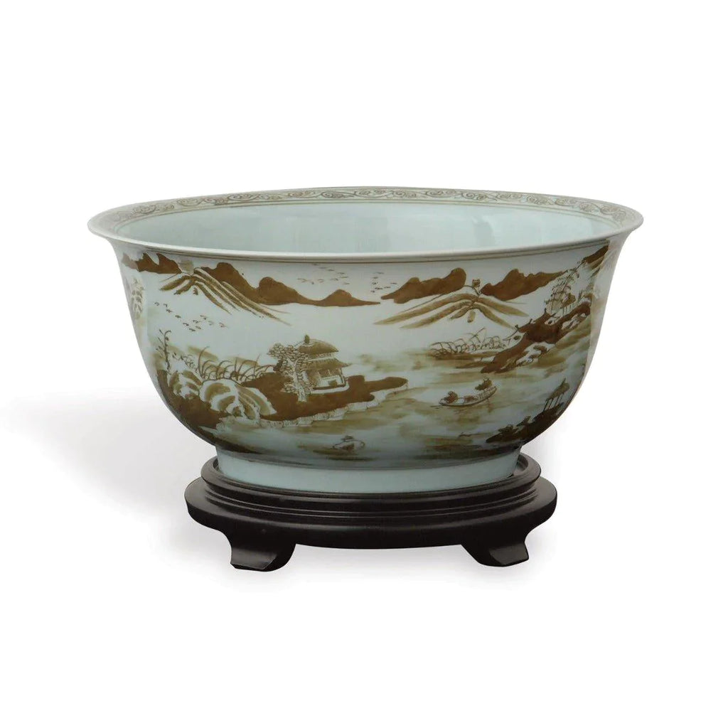 Brown on White Porcelain Bowl with Asian Pastoral Scene - Decorative Bowls - The Well Appointed House
