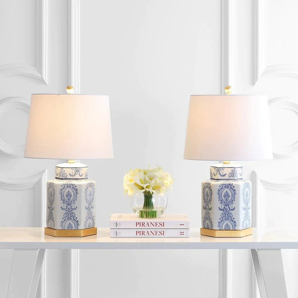 Ceramic Table Lamp with Blue and White Lapis Design and Gold Accent, Set of 2 - Table Lamps - The Well Appointed House