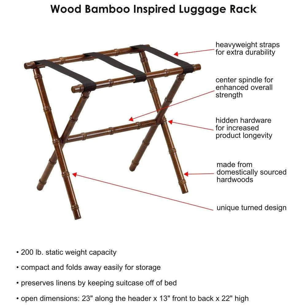 Dark Walnut Bamboo Inspired Wood Luggage Rack with 3 Black Nylon Straps - End of Bed - The Well Appointed House