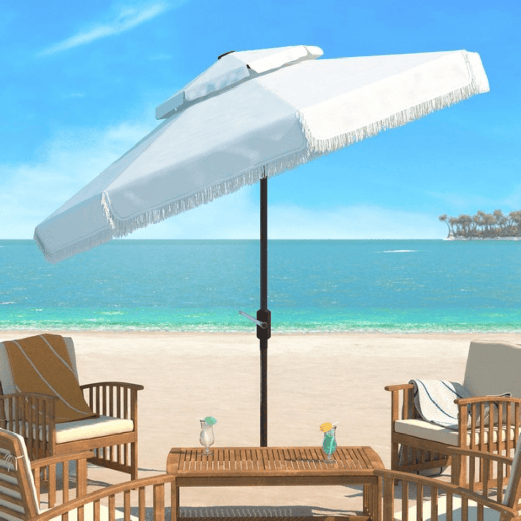 Double Top 9 Foot Crank Umbrella with Fringe in White - Outdoor Umbrellas - The Well Appointed House