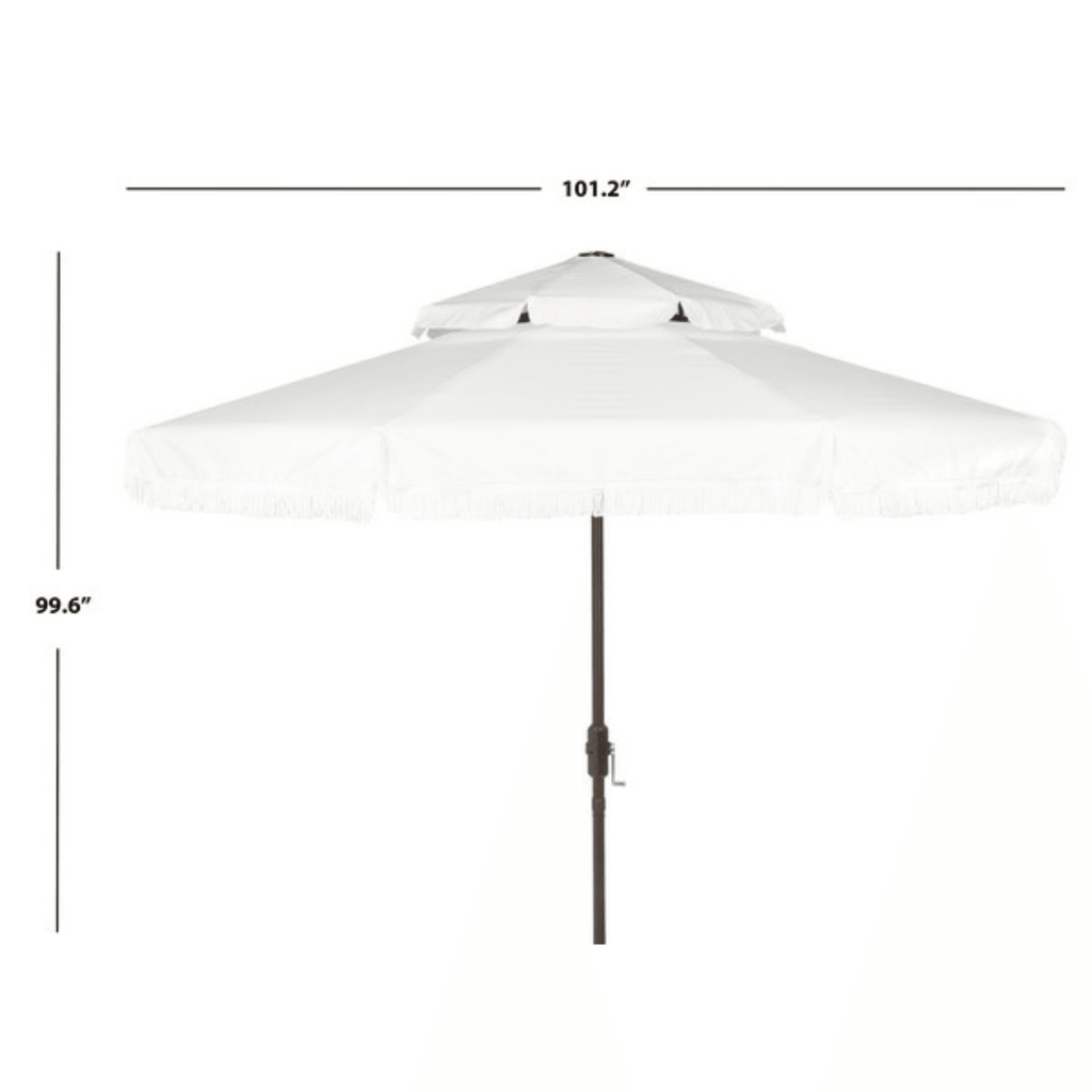 Double Top 9 Foot Crank Umbrella with Fringe in White - Outdoor Umbrellas - The Well Appointed House
