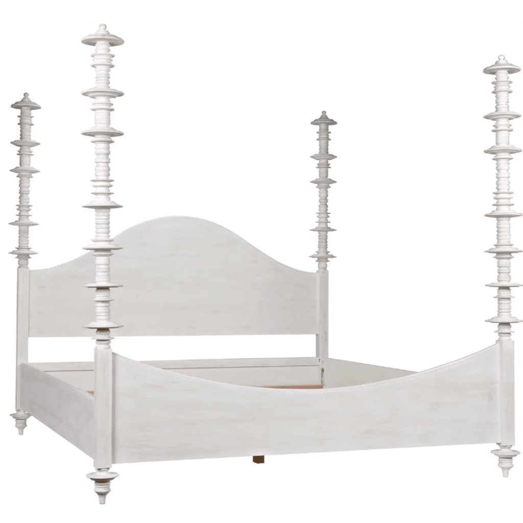 Eastern King Size Four Poster Variegated Mahogany Disc Accented Bed With White Wash Finish - Beds & Headboards - The Well Appointed House