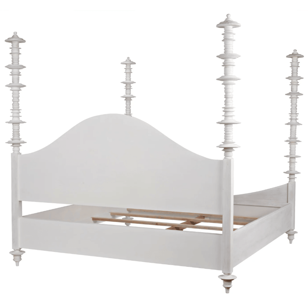 Eastern King Size Four Poster Variegated Mahogany Disc Accented Bed With White Wash Finish - Beds & Headboards - The Well Appointed House