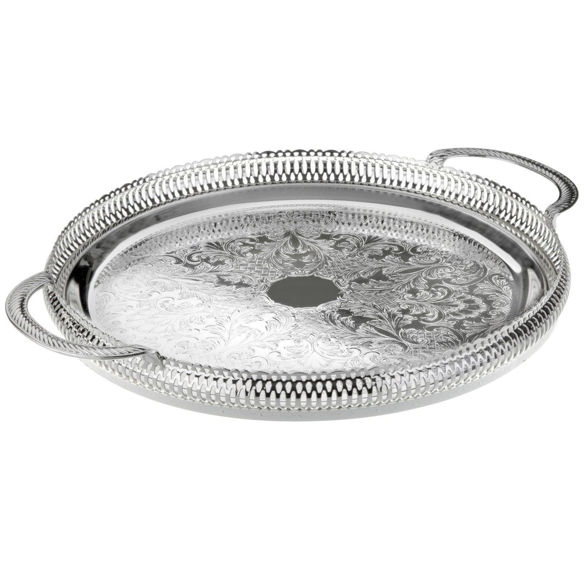 English Silver Plate Gallery Round Tray with Handles – The Well