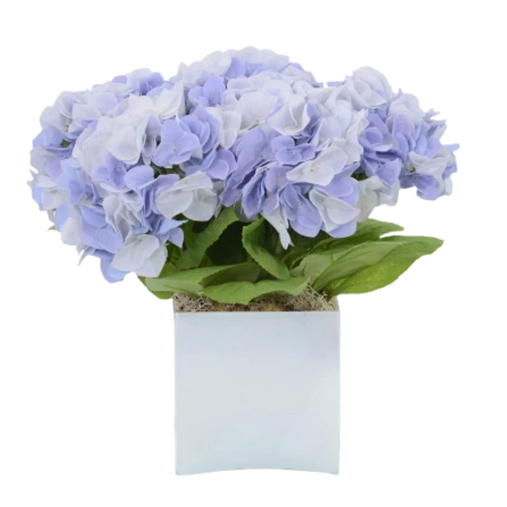 Faux Blue-Lavender Hydrangeas in White Cube Vase - Florals & Greenery - The Well Appointed House
