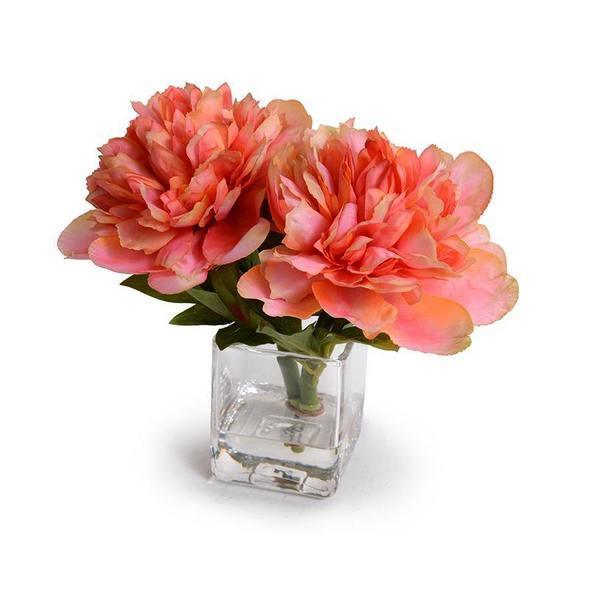 Faux Coral Peony Cuttings in Glass Cube - Florals & Greenery - The Well Appointed House