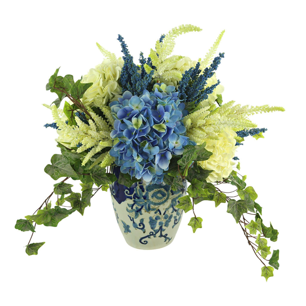Faux Hydrangea, Heather and Ivy Centerpiece in a Blue and White Ceramic Vase - Florals & Greenery - The Well Appointed House