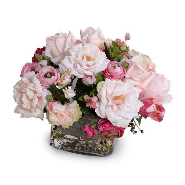 Faux Mixed Pink Flowers Bouquet in Glass Cube - Florals & Greenery - The Well Appointed House