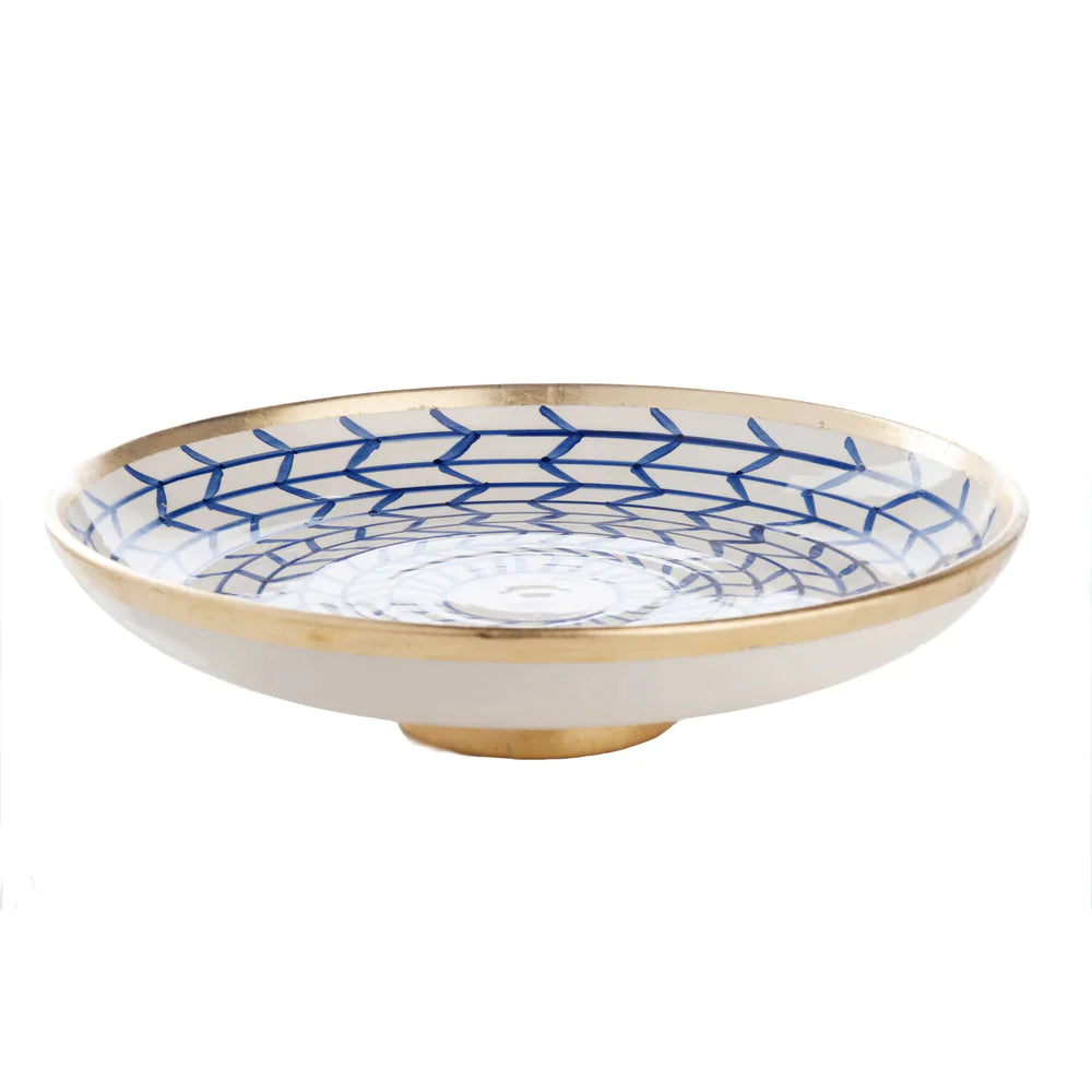 Geometric Designed Blue & White Footed Plate - Serveware - The Well Appointed House
