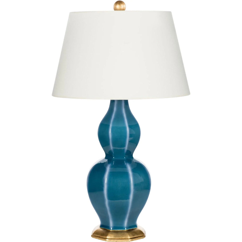 Geometric Teal Ceramic Table Lamp with Hexagonal Body and Gold Base - Table Lamps - The Well Appointed House