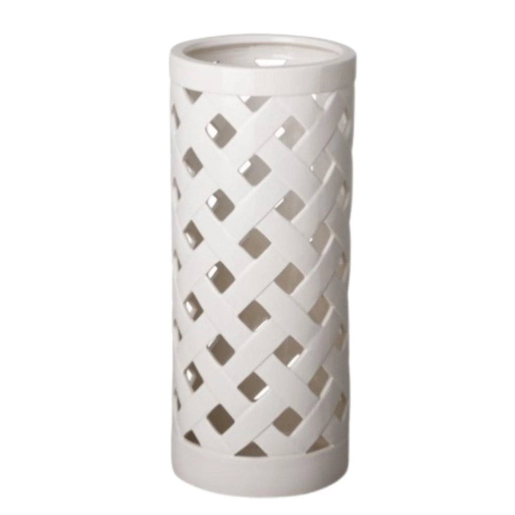 Glossy Glazed White Criss Cross Ceramic Umbrella Stand - Umbrella Stands - The Well Appointed House