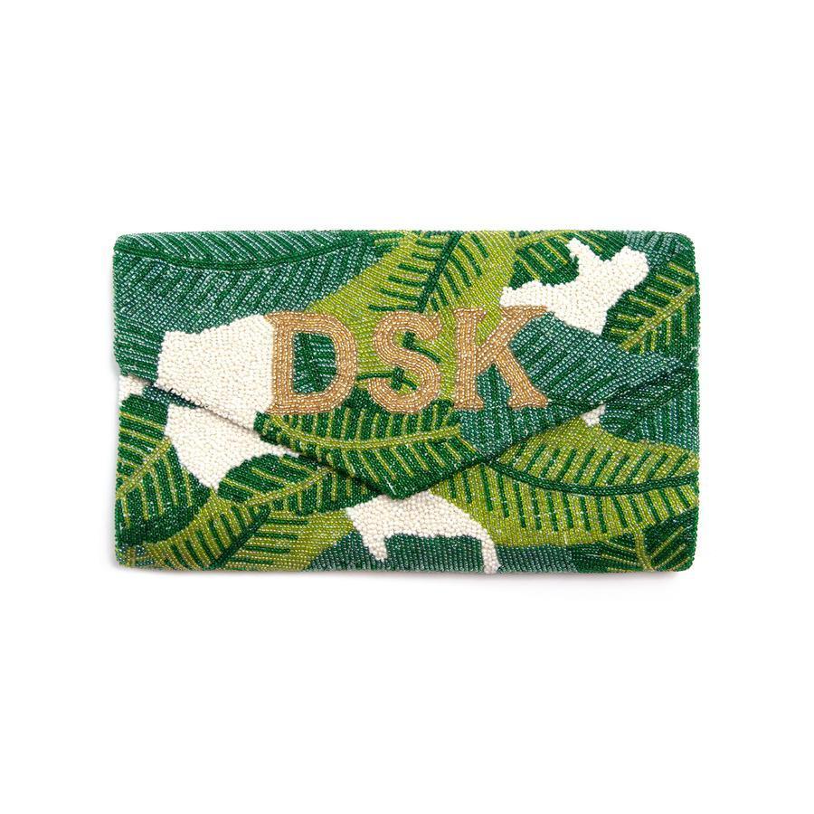 Green & White Beaded Palm Leaf Envelope Style Clutch With Gold Monogram - Gifts for Her - The Well Appointed House