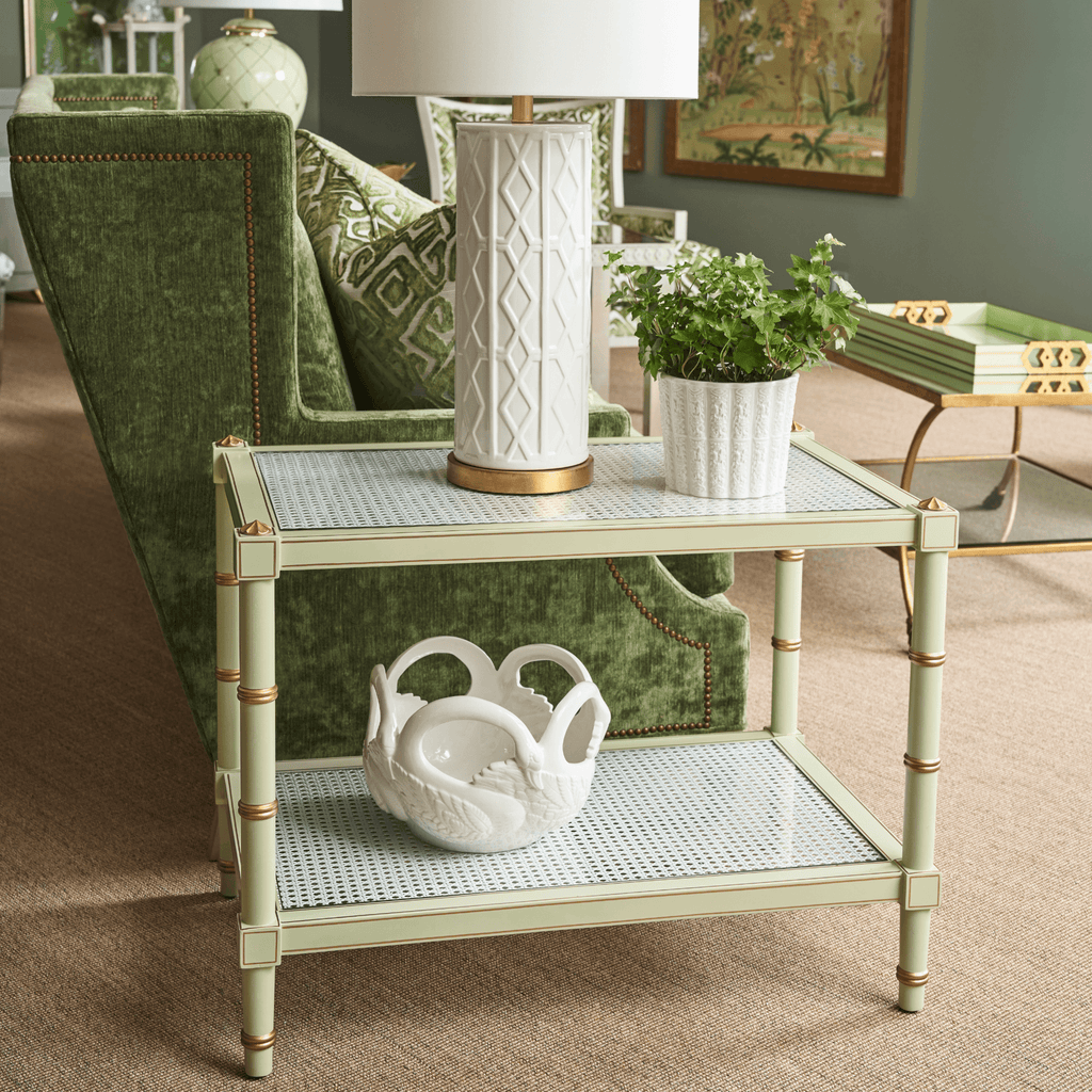 Green Bamboo & Cane Two Tier Accent Table - Side & Accent Tables - The Well Appointed House