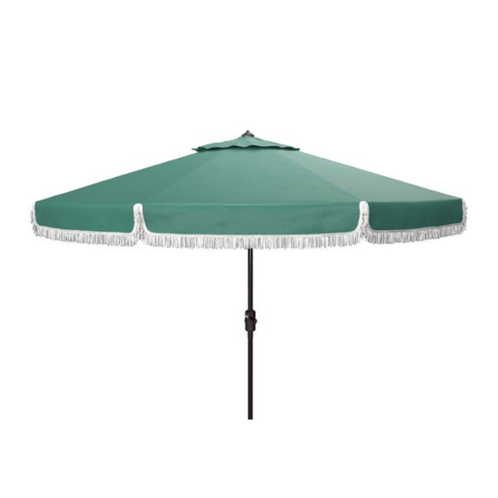 Green Outdoor Crank Umbrella With White Fringe - Outdoor Umbrellas - The Well Appointed House