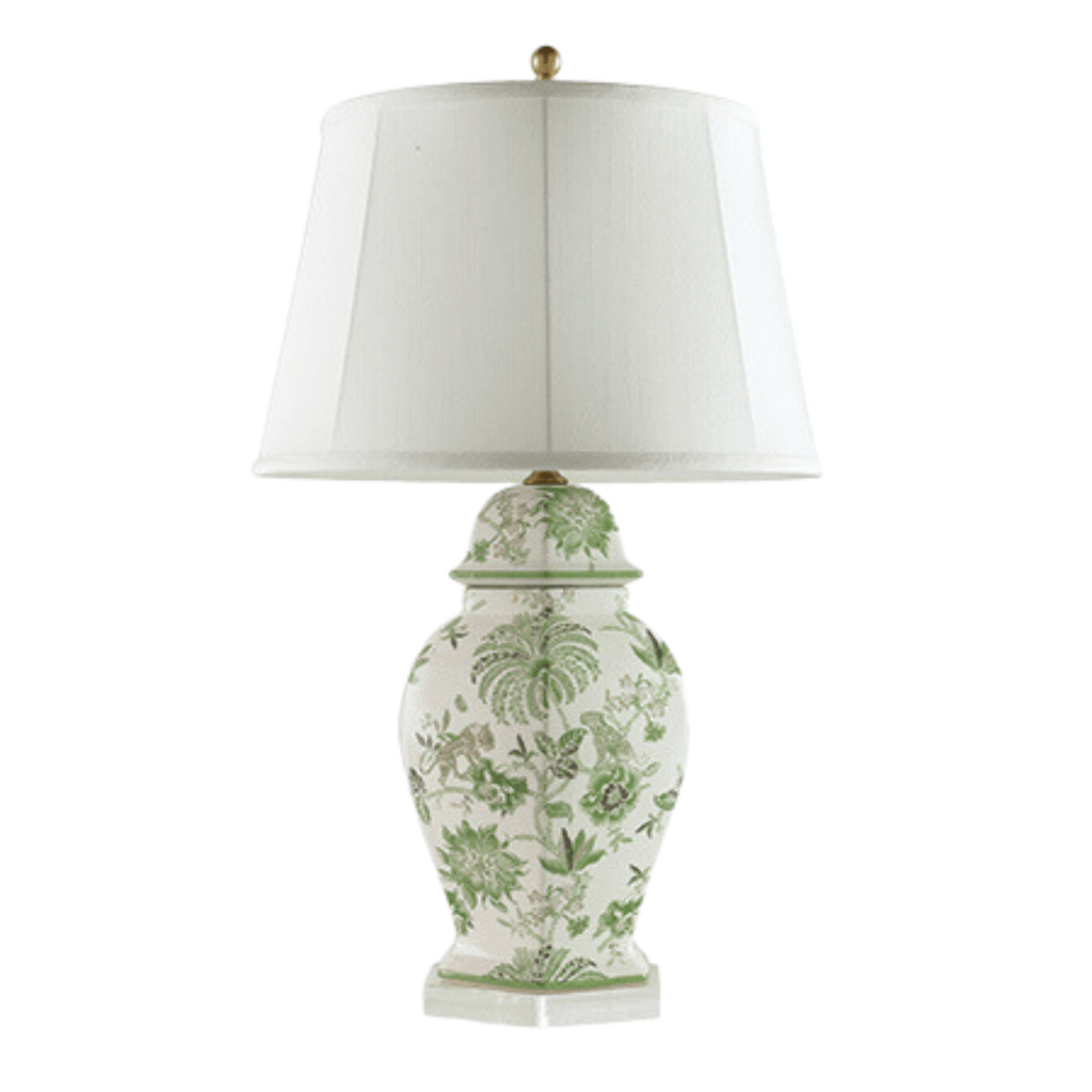 Green Porcelain Floral & Fauna Hex Lamp With Shade - Table Lamps - The Well Appointed House