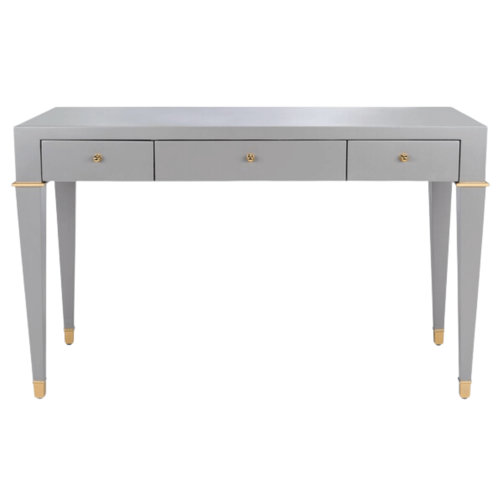 Grey Three Drawer Desk With Brass Accents - Desks & Desk Chairs - The Well Appointed House