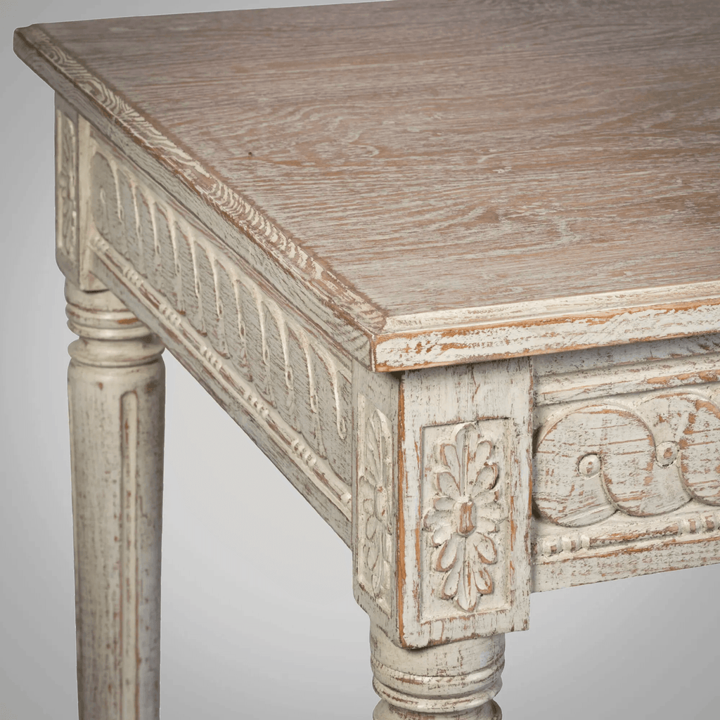 Hand Carved Single Drawer Teak Desk - Available in Multiple Finishes - Desks & Desk Chairs - The Well Appointed House
