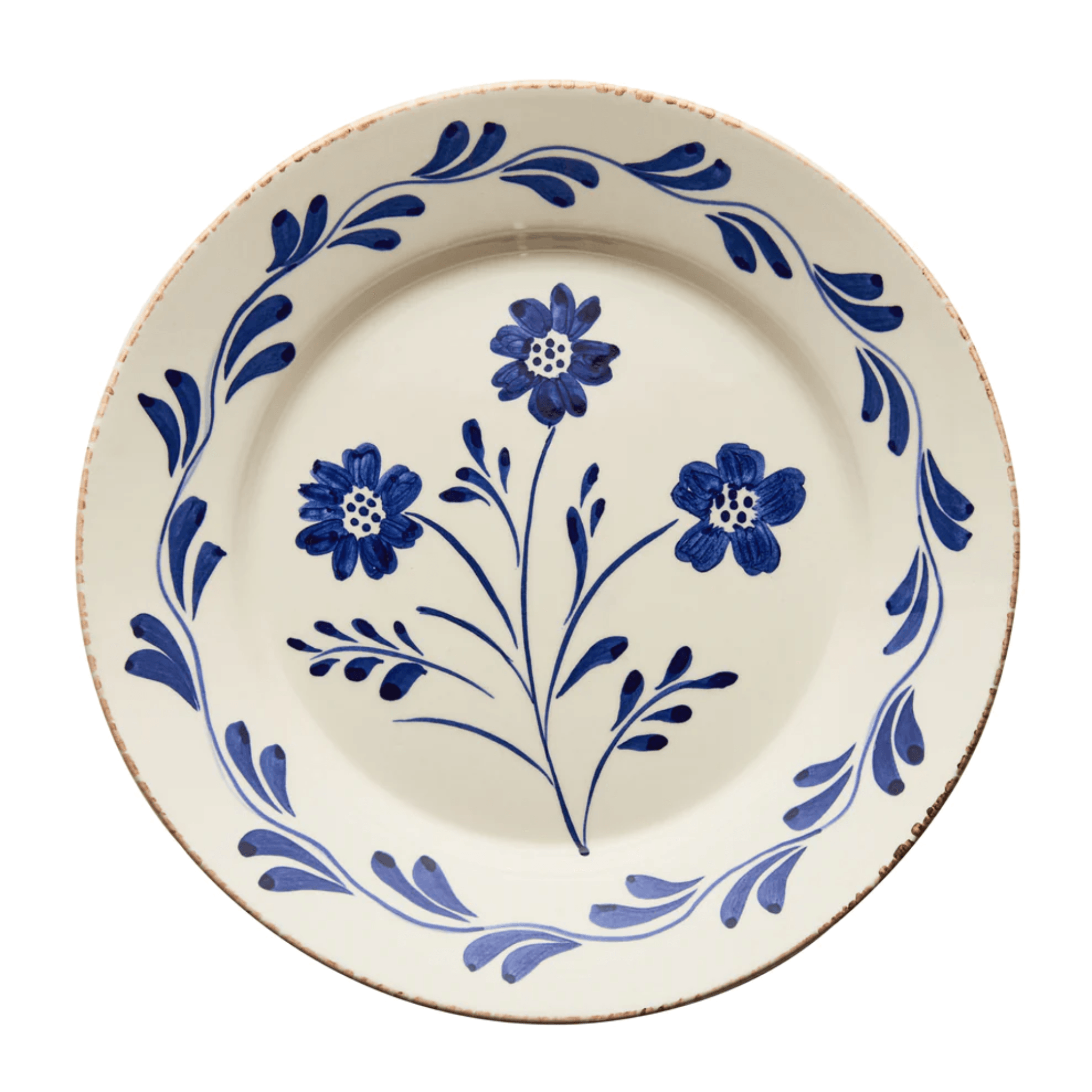 Set of Hand Painted Blue White Flowers and Vines Dinner Plates
