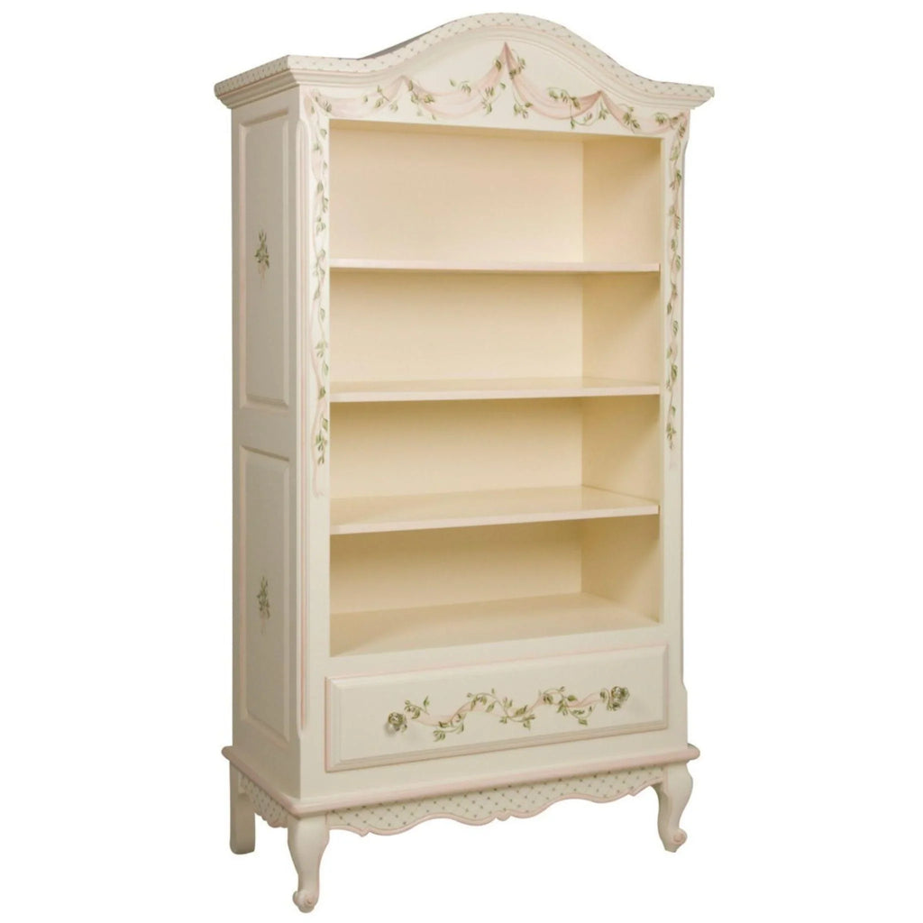 Hand Painted Tall French Bookcase in Linen with Ribbons and Roses Motif - Little Loves Bookcases - The Well Appointed House