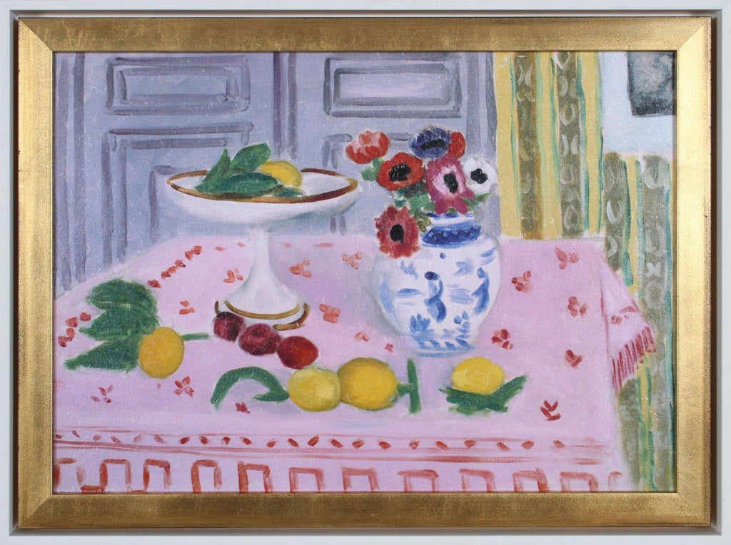 Henri Matisse Reproduction Pink Tablecloth With Fruit and Flowers in Gold Frame - Paintings - The Well Appointed House