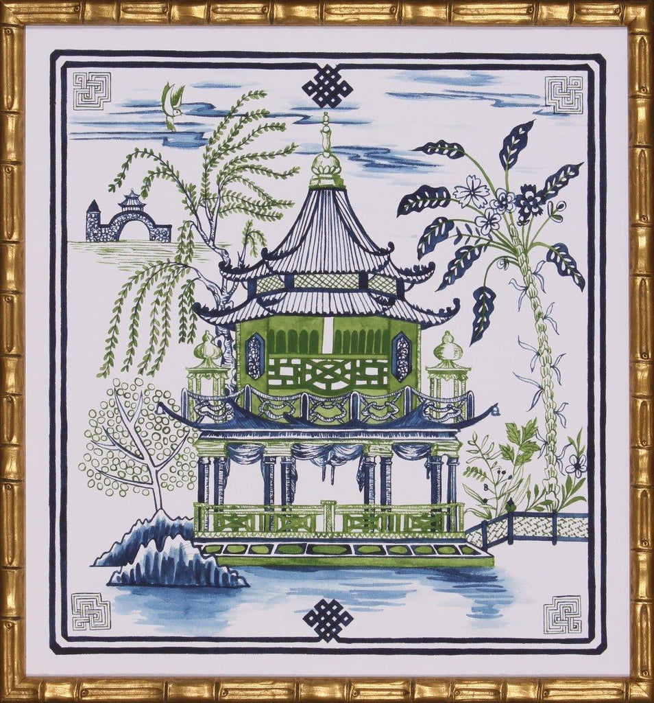 Indigo Blue & Green Pagoda Visit I Lithograph in Gold Frame - Paintings - The Well Appointed House
