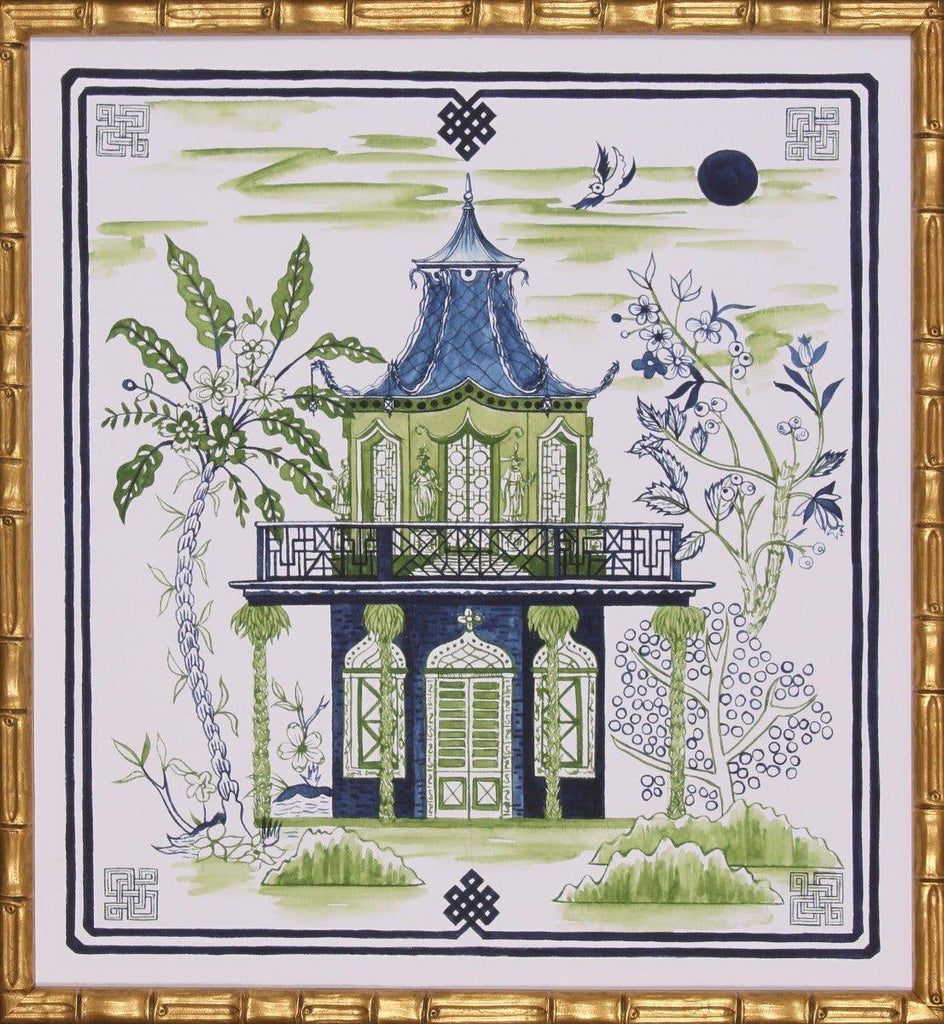 Indigo Blue & Green Pagoda Visit II Lithograph in Gold Frame - Paintings - The Well Appointed House