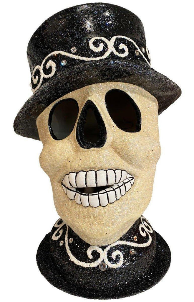Ino Schaller Paper Mache Skull with Black & White Crystals Candy Container Halloween Decoration - Halloween - The Well Appointed House