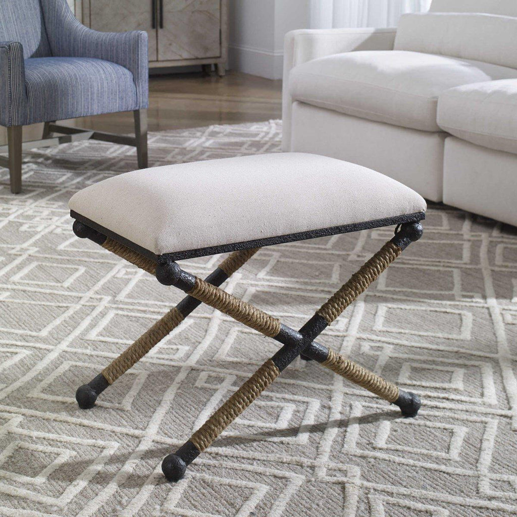 Iron Frame Bench with Robe Accents and Oatmeal Upholstery - Ottomans, Benches & Stools - The Well Appointed House
