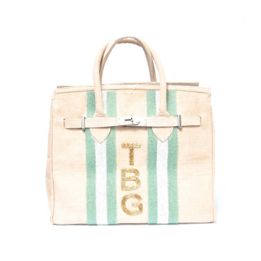 Ivory Jute Tote With Beaded Aqua Stripe - Gifts for Her - The Well Appointed House