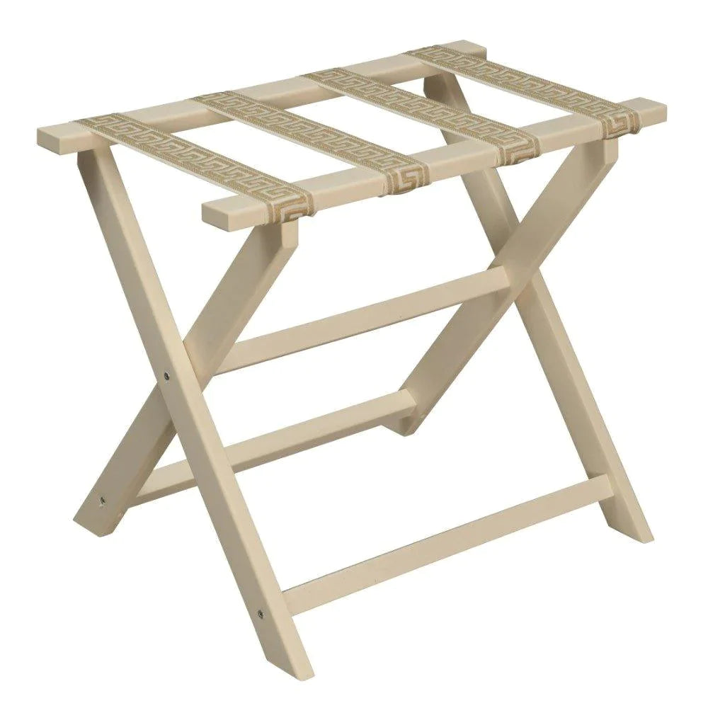 Ivory Straight Leg ECO Luggage Rack with 4 Cream & Tan Greek Key Straps - End of Bed - The Well Appointed House