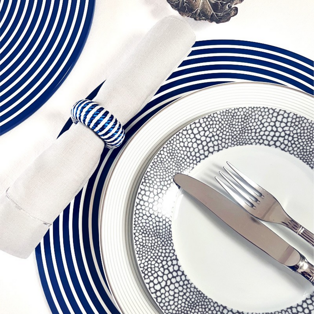 Set of 2 Round Blue & White Lacquer Stripe Placemats - The Well Appointed House