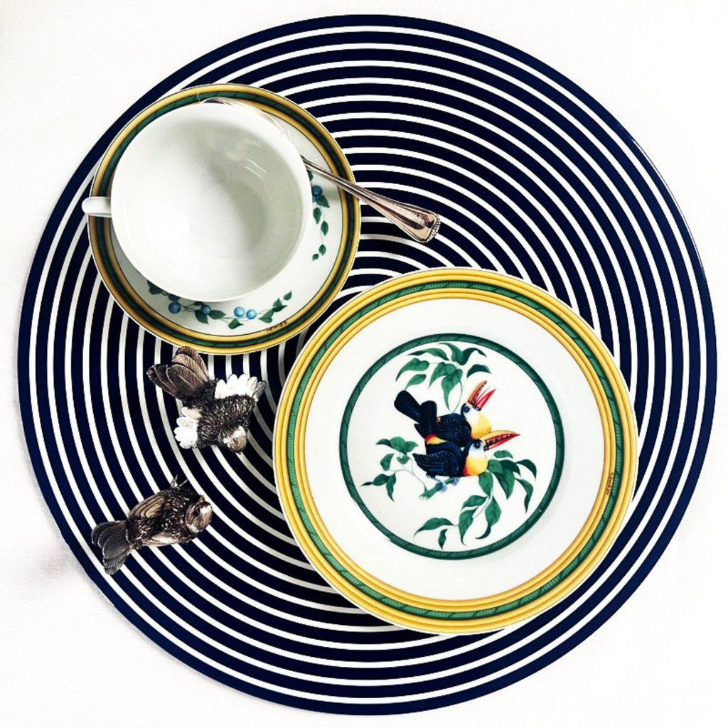 Set of 2 Round Blue & White Lacquer Stripe Placemats - The Well Appointed House